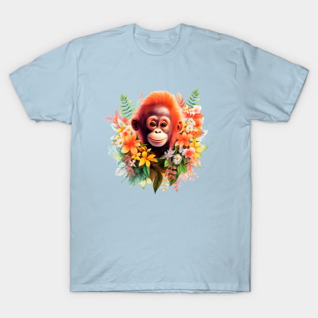 Adorable Orangutan Baby with Floral Aesthetic T-Shirt by Davies Creative Works